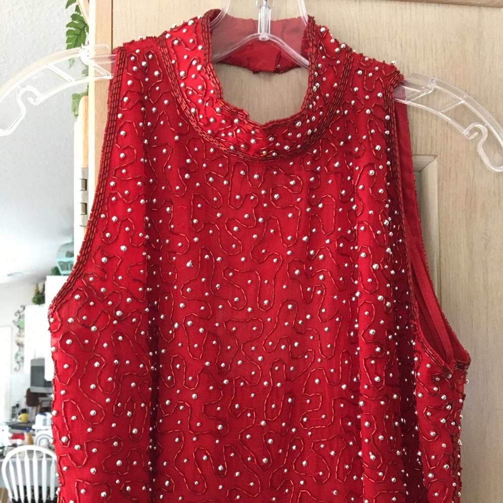 Red sequined evening gown -chiffon & silk.
